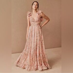 Mac Duggal 67803 Pink Floral Chiffon A-Line Maxi Gown Lace-Up Back NWT Size 4